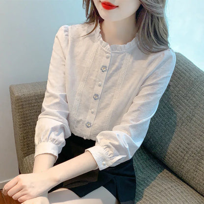 Embroidery Spring Autumn Blouses Shirts Lady Long Sleeve Stand Collar Color Blusas Tops Df4774