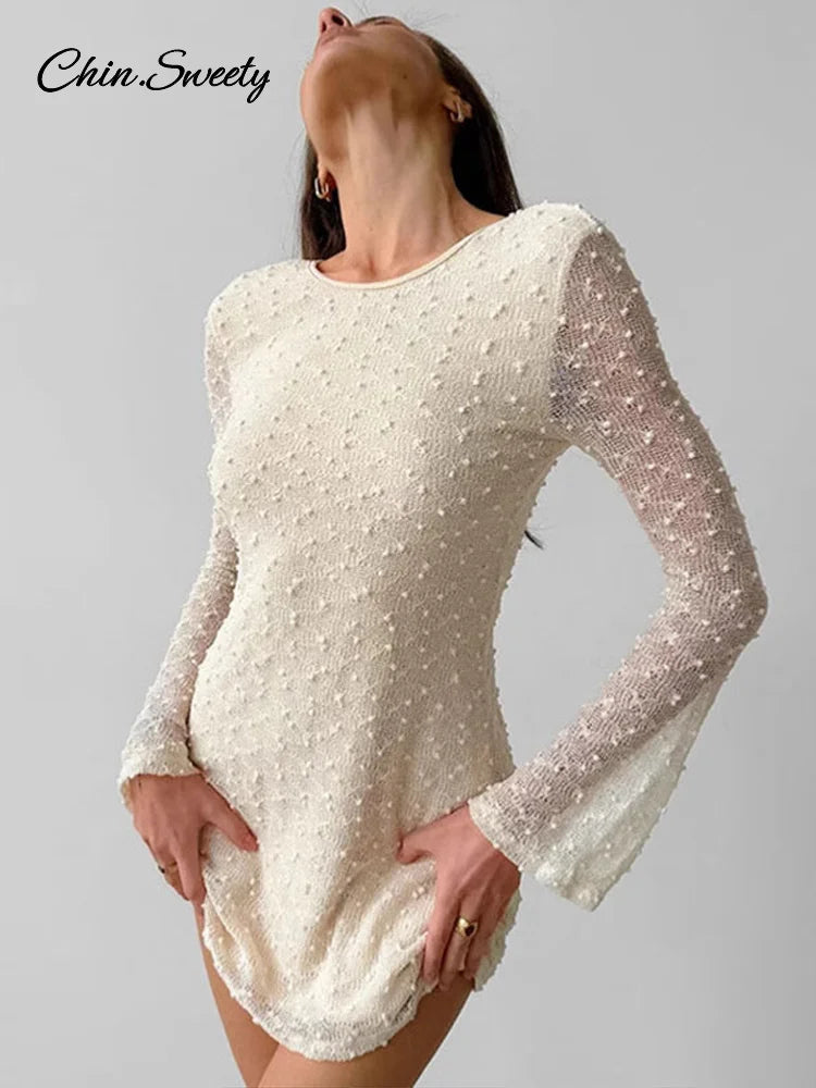 Backless Jacquard Mini Dress Flare Long Sleeve Lace Up O-neck Party Dresses Lady Slim Evening Beach Gowns New