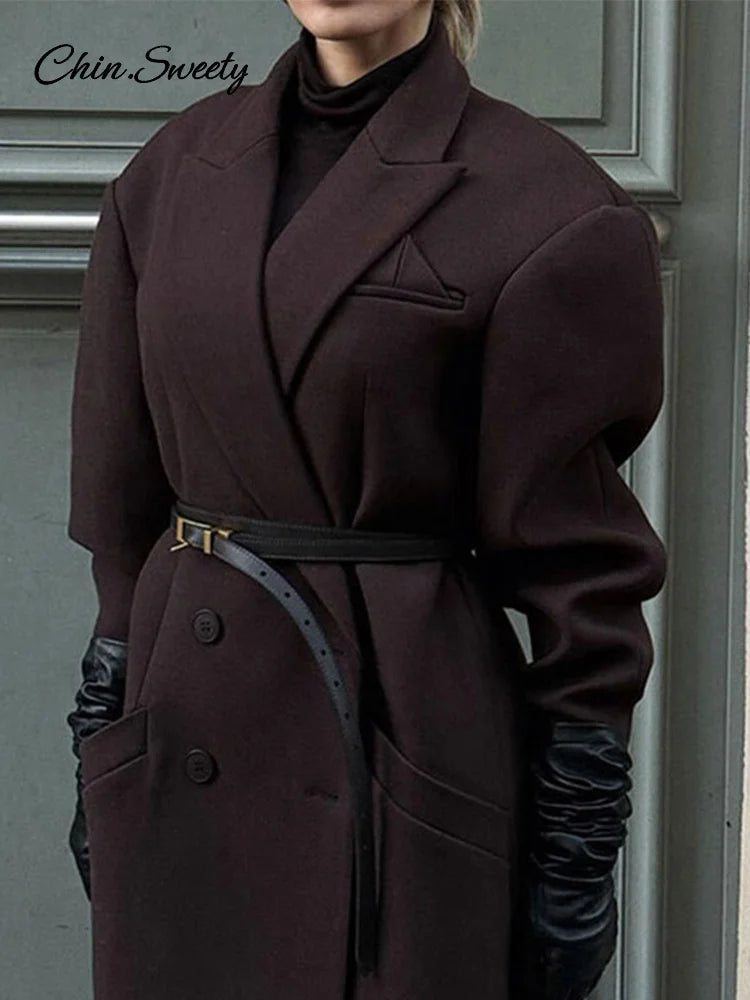 Lapel Pocket Woolen Long Trench Coat Full Sleeve Loose Overcoat Autumn Winter Lady Commute Outwear