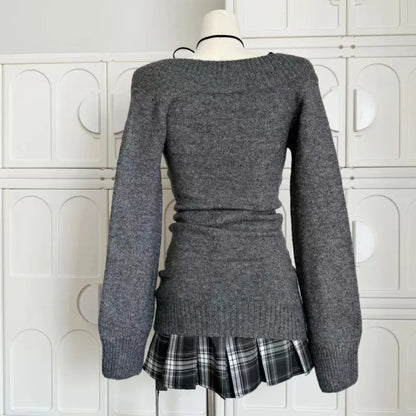 Autumn Winter Woman Gyaru V-neck French Sweater Long Sleeve Pullover Knitwear Mini Skirt 2000s Aesthetic 3-piece Outfits