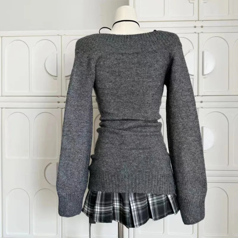 Autumn Winter Woman Gyaru V-neck French Sweater Long Sleeve Pullover Knitwear Mini Skirt 2000s Aesthetic 3-piece Outfits