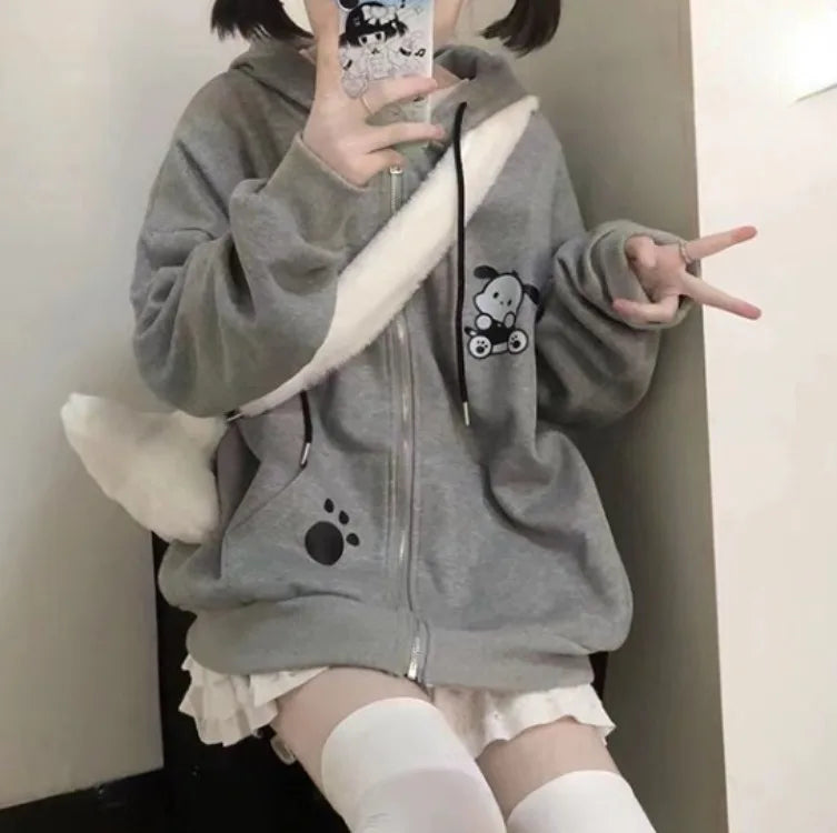 Japanese Kawaii Dog Ears Hoodie Sweatshirt Autumn New Loose Zipper Tops Y2k Egirl Long Sleeve Thin Sweatshirts
