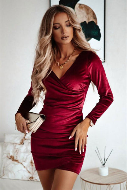 Gold Velvet Mini Dress Hip Dresses Long Sleeve Party Dress