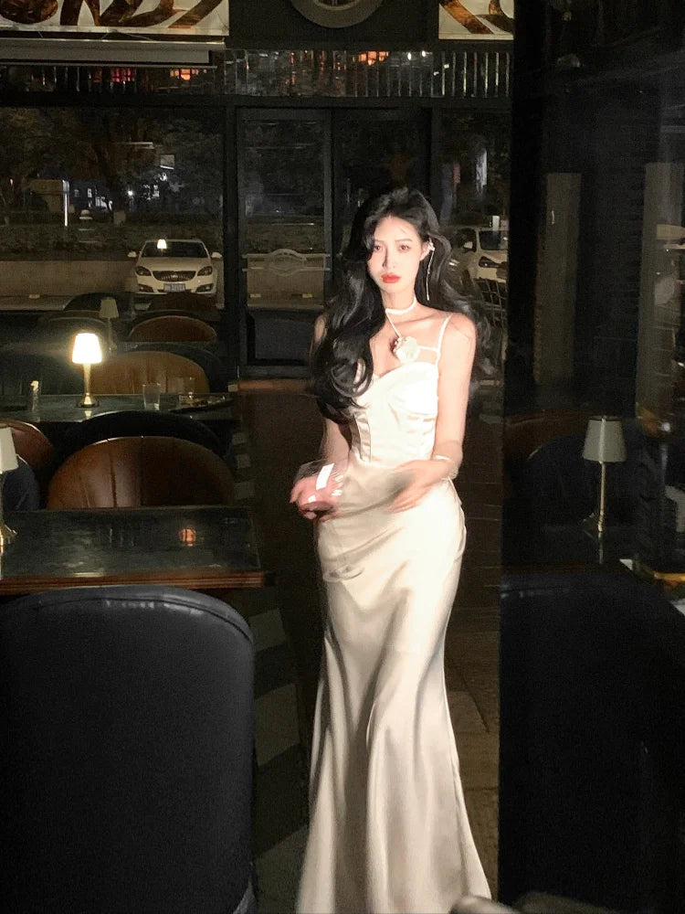 Summer Spaghetti Strap Evening Party Prom Club New Backless Split Satin Long Dresses Female Vestidos