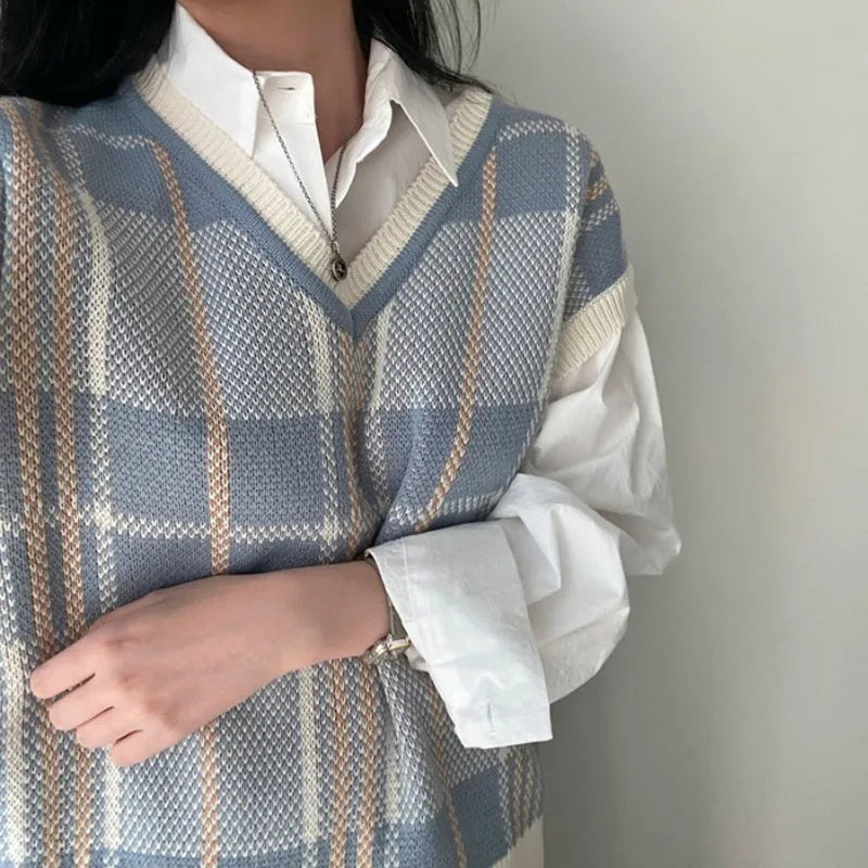 Autumn Winter Female Korean Loose Sweater Vest Office-lady V-neck Jumpers Pullover Knitted Tops Pull Femme Fc8533