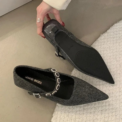 Satin Rhinestone Pointed Toe Buckle Shallow Low Heeled Shoes Wedding Pumps