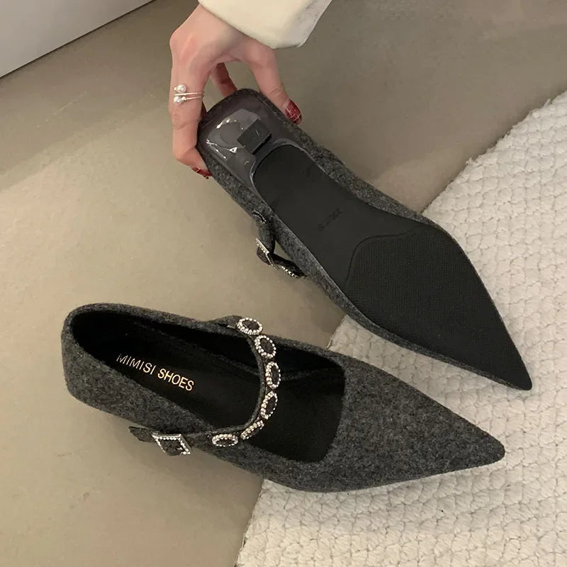 Satin Rhinestone Pointed Toe Buckle Shallow Low Heeled Shoes Wedding Pumps