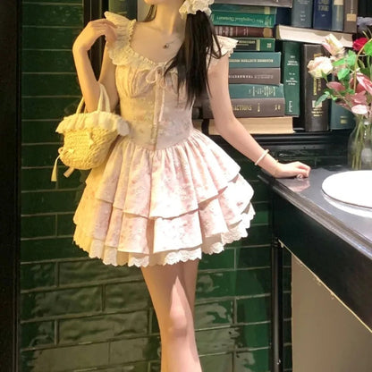 Flying Sleeve Sweet Mini Dresses Square Neck Ruffles Spring Summer Dress Korean Vestidos Mujer