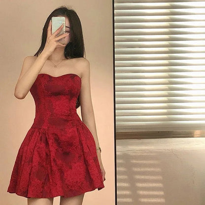 Y2k Red Dresses Aline Sleeveless Mini Dress Korean High Waist Vestidos Mujer