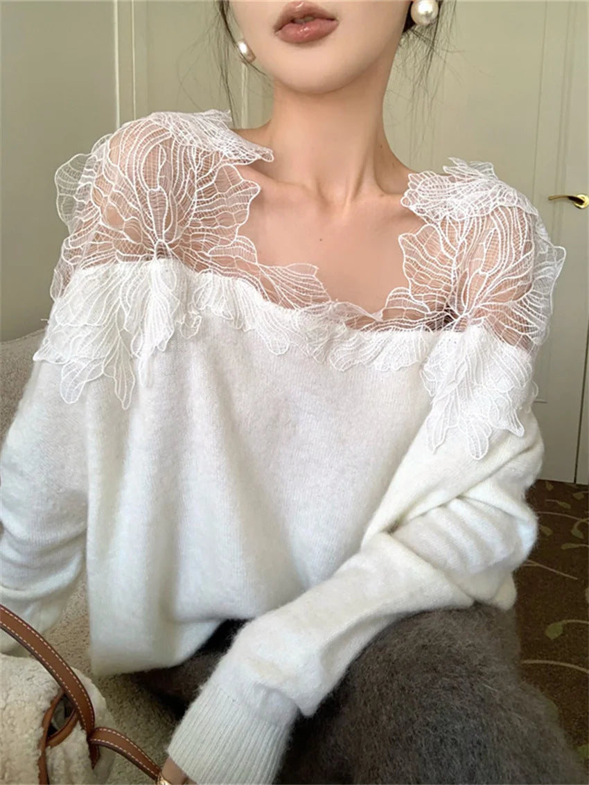 Lace Patchwork Knitted Sweaters Lady Spring Office Wear Pullovers Daily Loose Slim