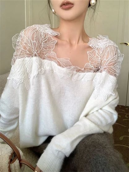 Lace Patchwork Knitted Sweaters Lady Spring Office Wear Pullovers Daily Loose Slim