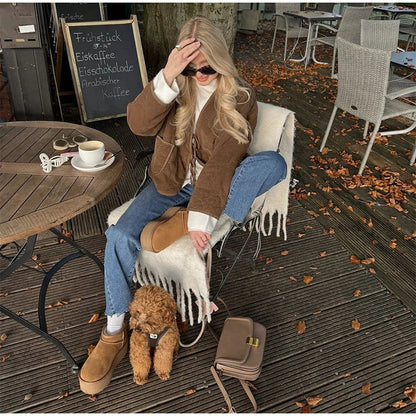 Brown Quilted Padded Suede Coat Long Sleeve Lace Up Cropped Jacket Autumn Winter Lightweight New in Outerwears