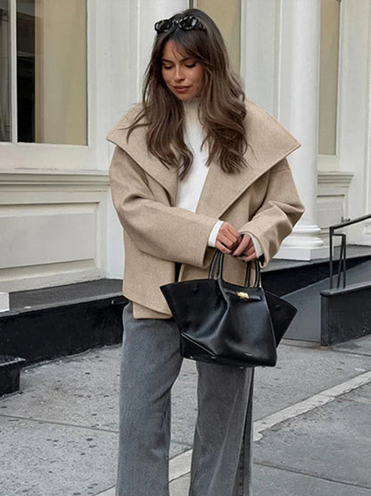 Tavimart - Large Lapel Collar Short Coats Retro Double-breasted Pocket Coat Female Autumn Loose Street Outwear