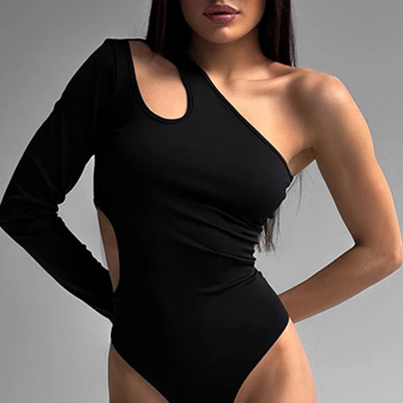One Shoulder Cut Out Bodysuit Backless Fall Rompers Party Rave Outfits Lady Bodysuit Tops