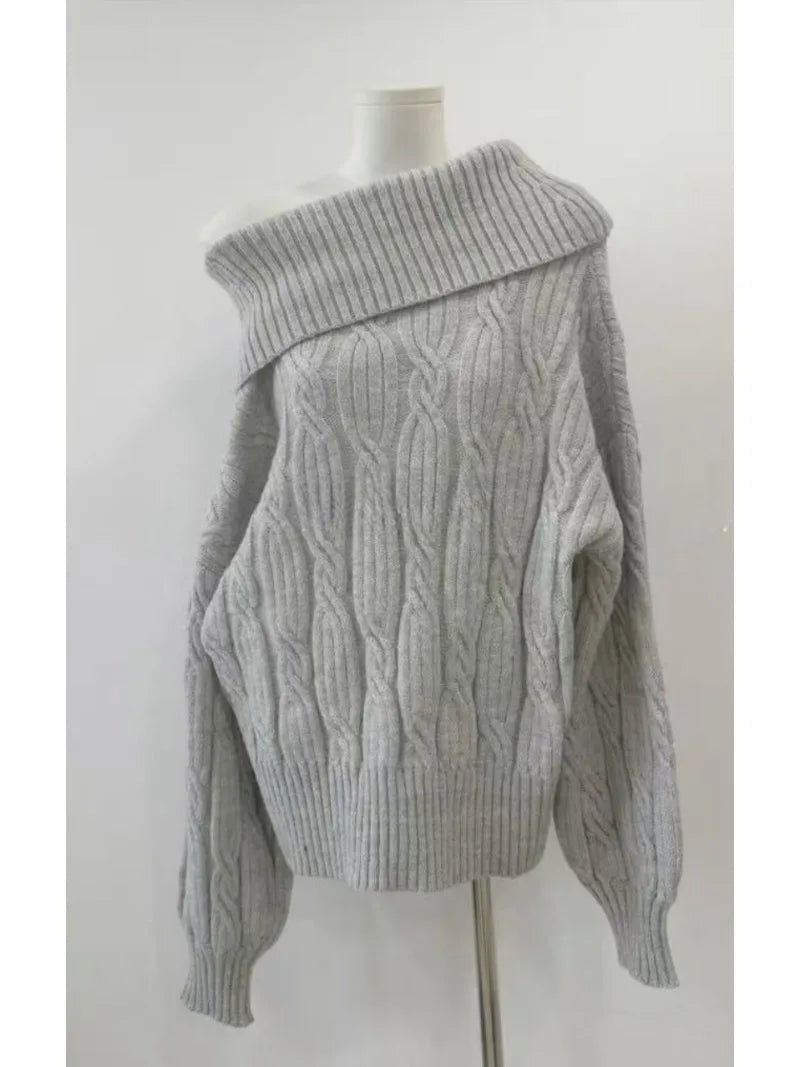Sweet Hot Girl Loose Slash Neck Twist Sweater Retro Longsleeved Knitted Pullover Female Clothes