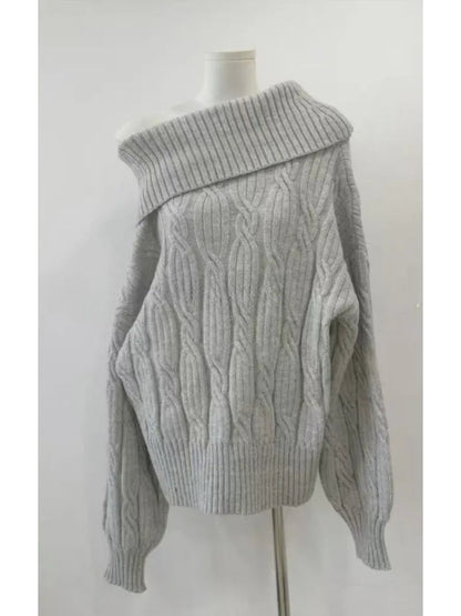 Sweet Hot Girl Loose Slash Neck Twist Sweater Retro Longsleeved Knitted Pullover Female Clothes