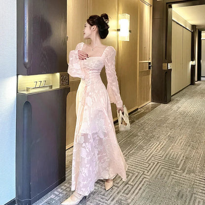 Pink Vestidos Mujer Spring Autumn Ins Dresses Sweet Aline Beach Style Long Dress
