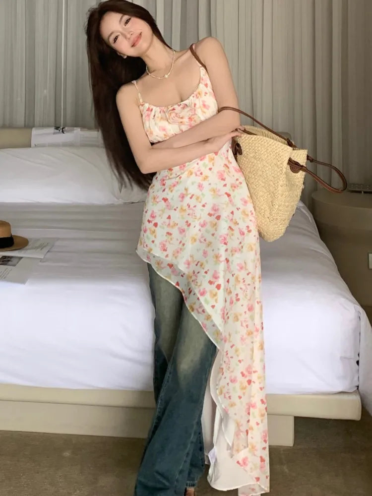Midi Dress Sleeveless Print Slim Backless Camisole Dresses Holiday Party Spring Summer New Clothing