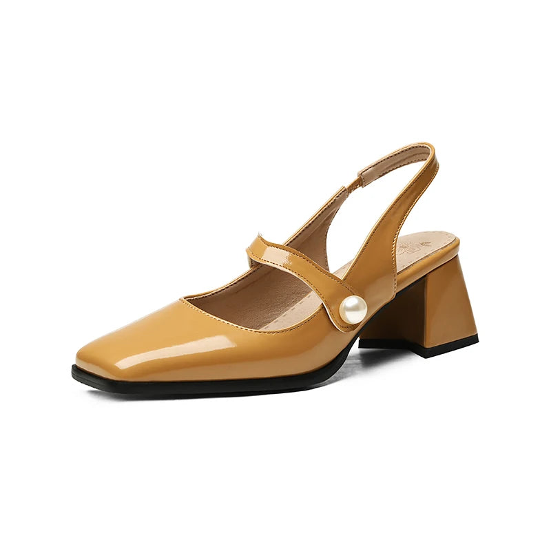 Pumps Slingback Sandals Square Toe Patent Leather Block High Heeled Mary Jane Shoes Gold Silver