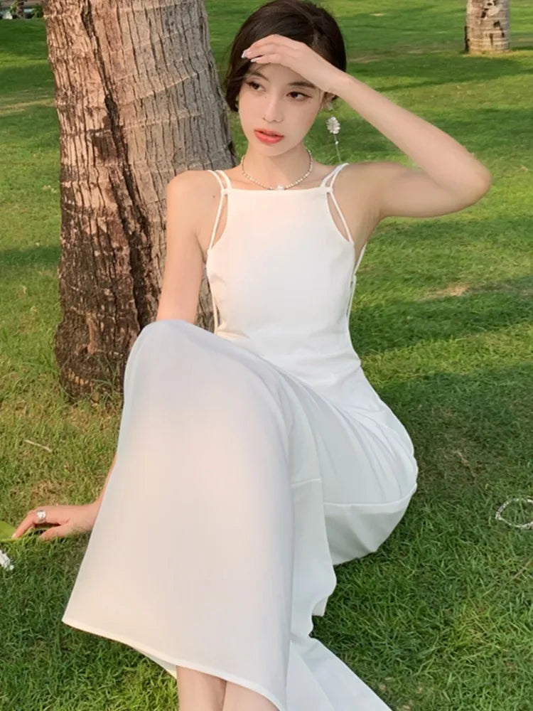 French Style White Dresses Slash Neck Sleeveless Evening Party Long Dress Summer Holiday Robe Female Clothing New
