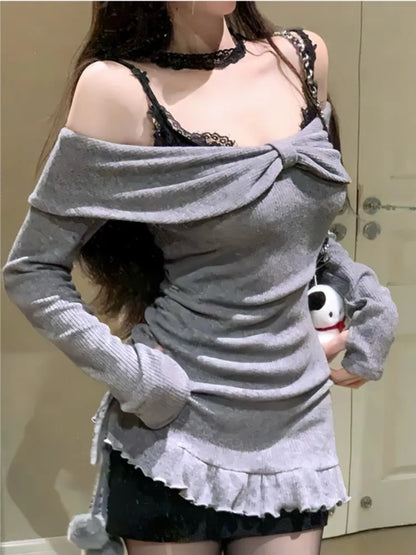 Y2k Lace Two-piece Set Mini Dresses for Spaghetti Strap Knitted Underdress Korean Party Dress Female Vestidos