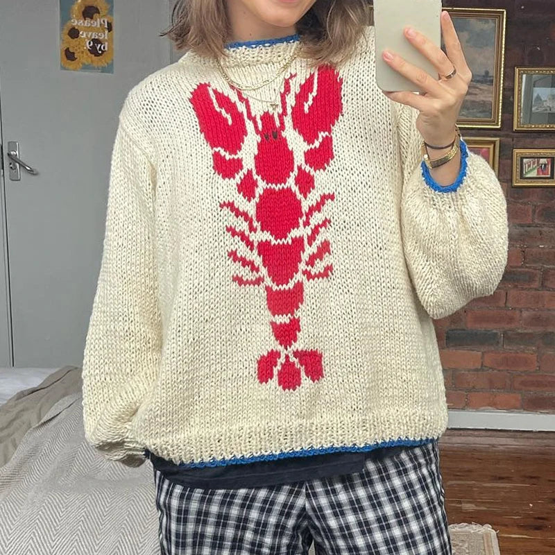 Lobster Patterm Knitted Pullovers Autumn Winter Long Sleeve Knitwear 90s Grunge Preppy Style Y2k Sweater Clothes