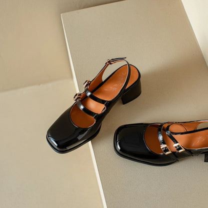 44 45 46 Black Silver Chunky High Heels Mary Jane Shoes Square Toe Double Buckle Pumps Slingback Sandals