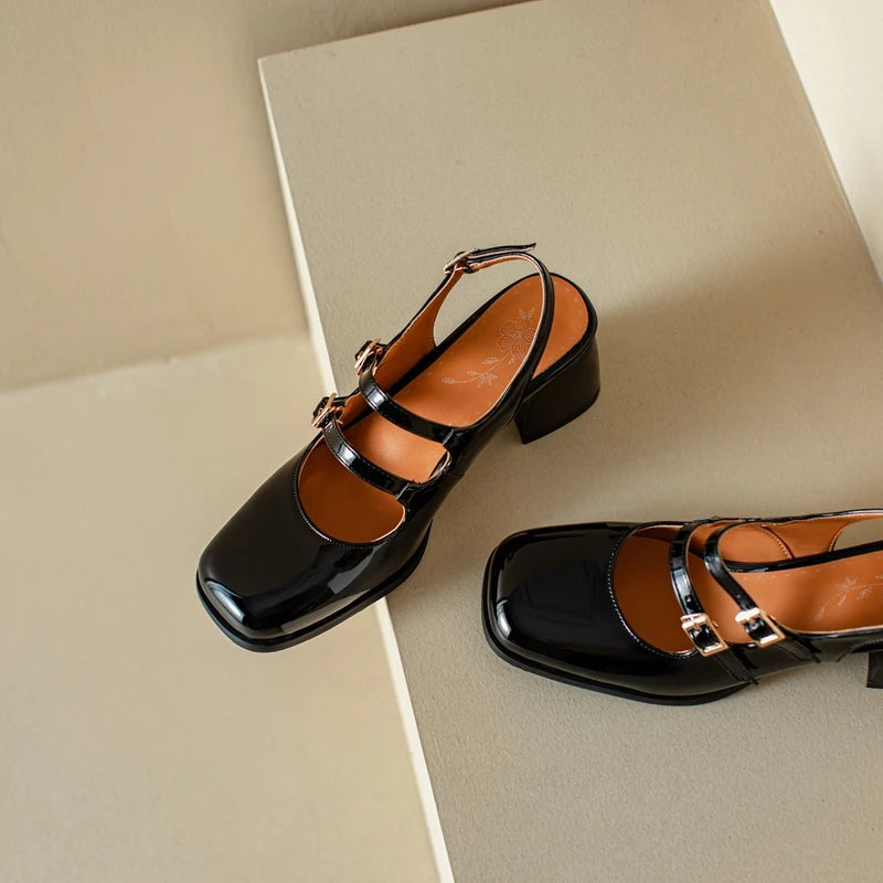 44 45 46 Black Silver Chunky High Heels Mary Jane Shoes Square Toe Double Buckle Pumps Slingback Sandals