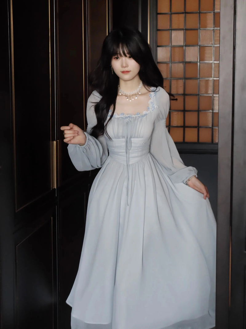French Lantern Sleeve Lace Up Midi Dress Summer Square Neck Evening Party Prom Robe Female Vestidos Mujer Autumn