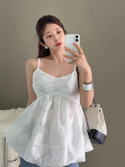3d Embroidered Jacquard Tank Top Strap Summer New Style Unique Design Lotus Leaf Edge Puff Blouse Top