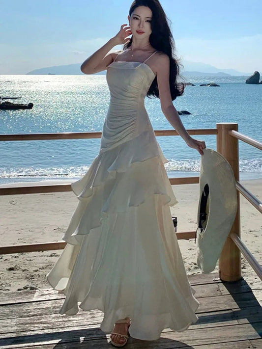 Ruffles Birthday Party Dresses Summer Irregular Spaghetti Strap Sleeveless Long Dress Slim Holiday Beach Vestidos