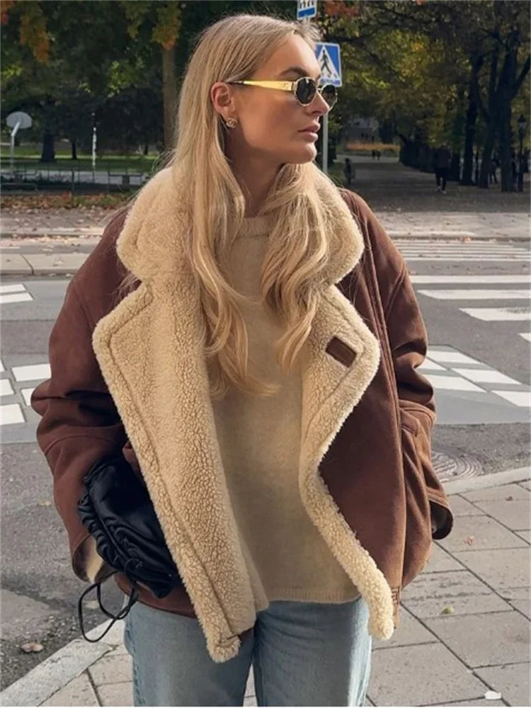 Winter Loose Overcoat for Lapel Pocket Jacket Coat Commute Contrast Outwear
