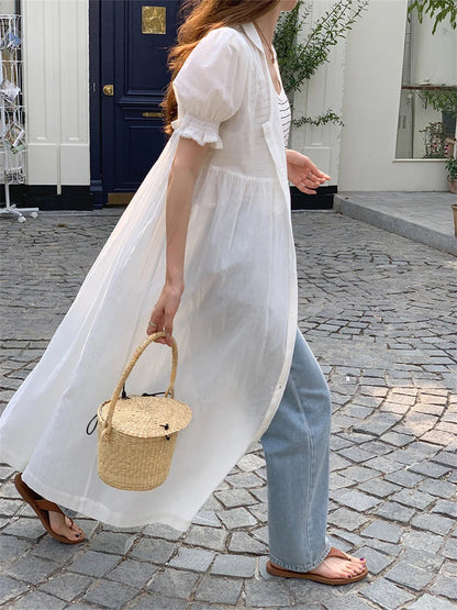 White Summer Slim Long Dress Sweet Short Puff Sleeve Mujer Ol All Match Daily