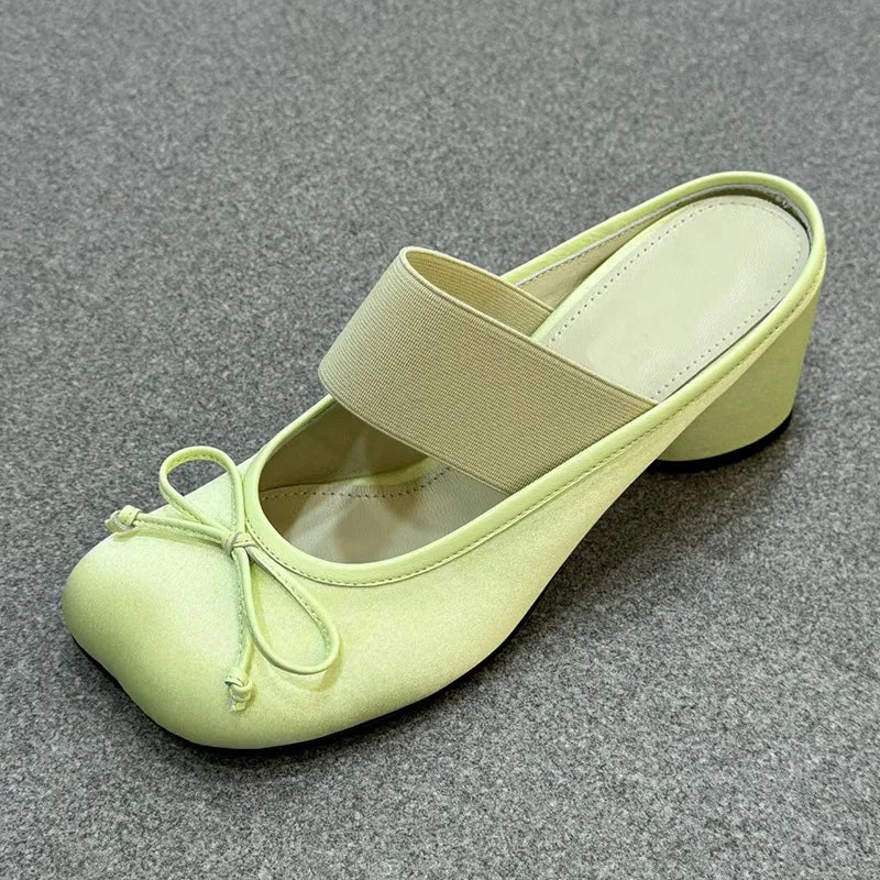 Handmade Korean Apple Head Cool Slippers for Outwear New Summer Baotou Bow Thick Heels High Heels