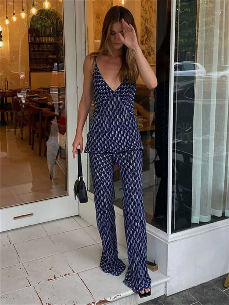 Printed ’s Pants Outfits V-neck Contrast Slim Pullover and Wide Leg Trousers 2 Piece-set Clothes Sets