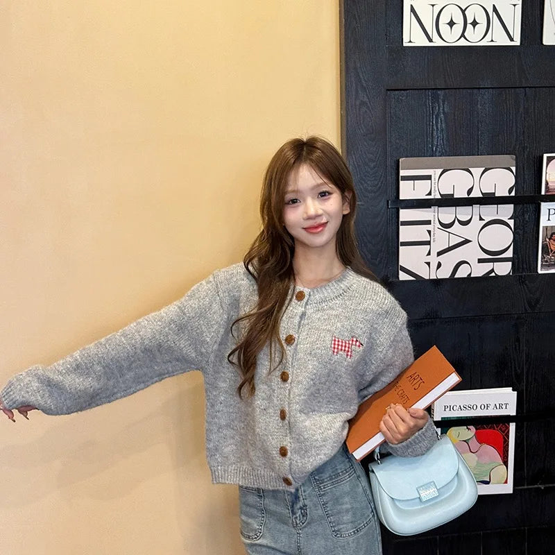 Korean Print O Neck Long Sleeve Cardigan Sweater Autumn Winter Retro Single Breasted Knitwear Tops Popular