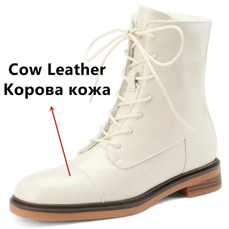 Autumn Winter Ankle Boots Office Genuine Leather Wool Low Heels Comfortable Shoes Woman