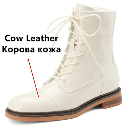 Autumn Winter Ankle Boots Office Genuine Leather Wool Low Heels Comfortable Shoes Woman