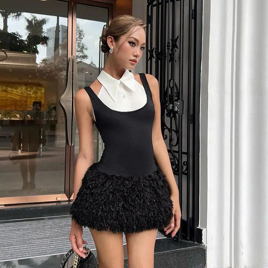 French Style Black and White Spliced Fake Twopiece Sleeveless Dress Summer Waist Cinching Slimming Aline Mini Dress for
