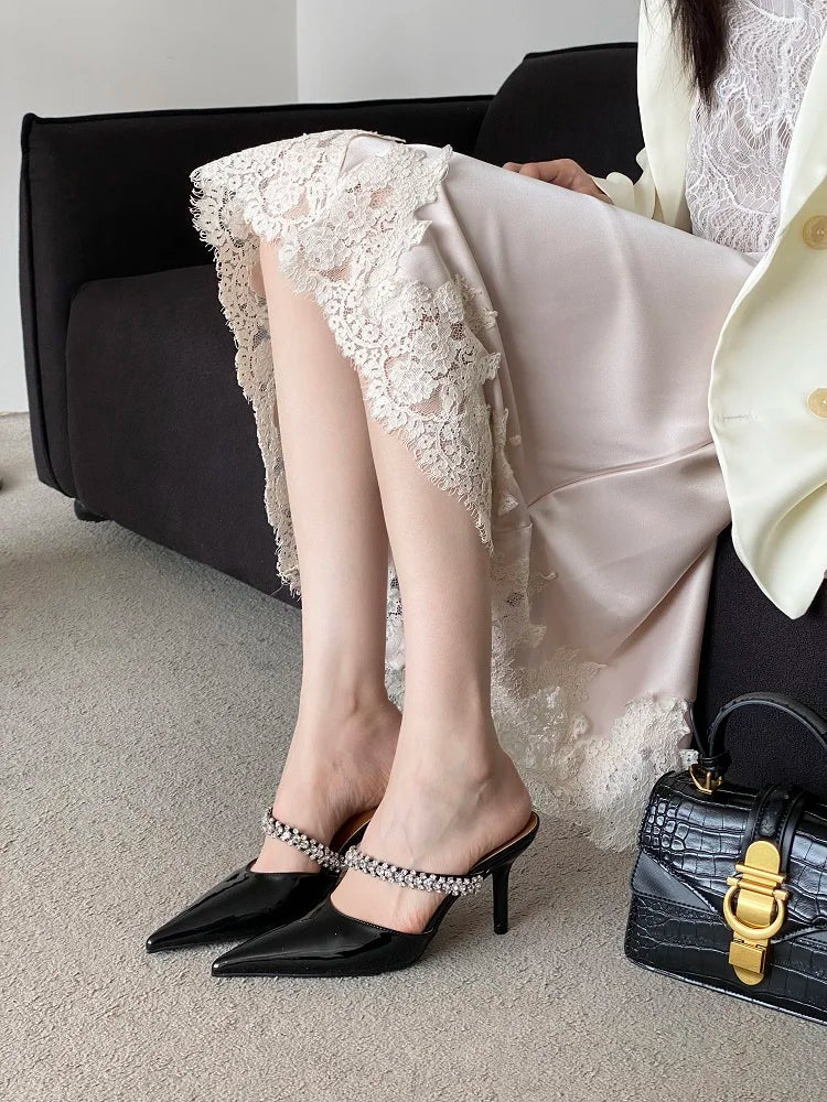 Spring Street Crystal Slipper Pointed Toe Thin Low Heel Sandal Slip on Mules Shoes Zapatos Mujer