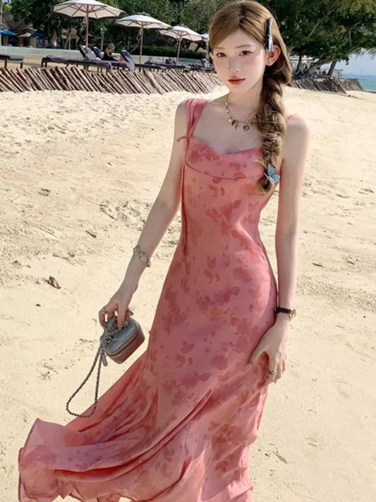 Y2k Spaghetti Strap Dress New Print Midi Dress Female Korean Slim Beach One Pieces Vestidos