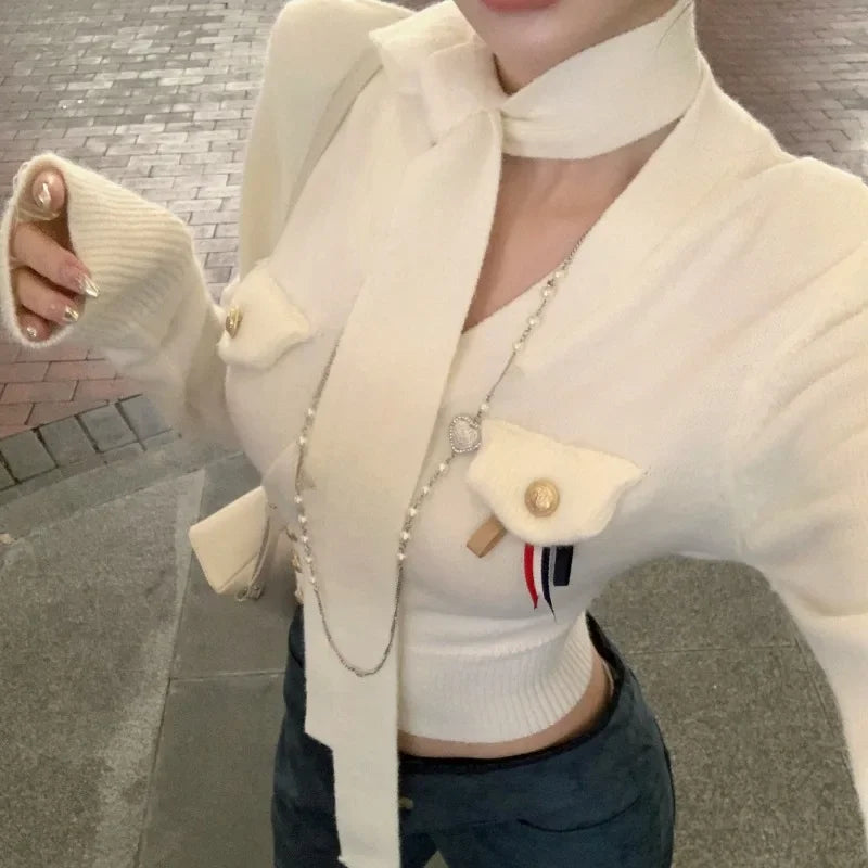 Vneck Button Color Long Sleeve Cardigan Autumn New Korean Laceup Slim Knitted Crop Tops