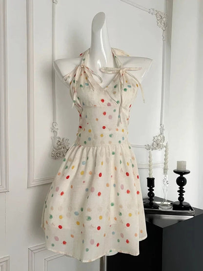 Summer New Sweet Kawaii Dots Mini Dress Retro Sleeveless One Piece Dress Japanese Style Even Party Dress