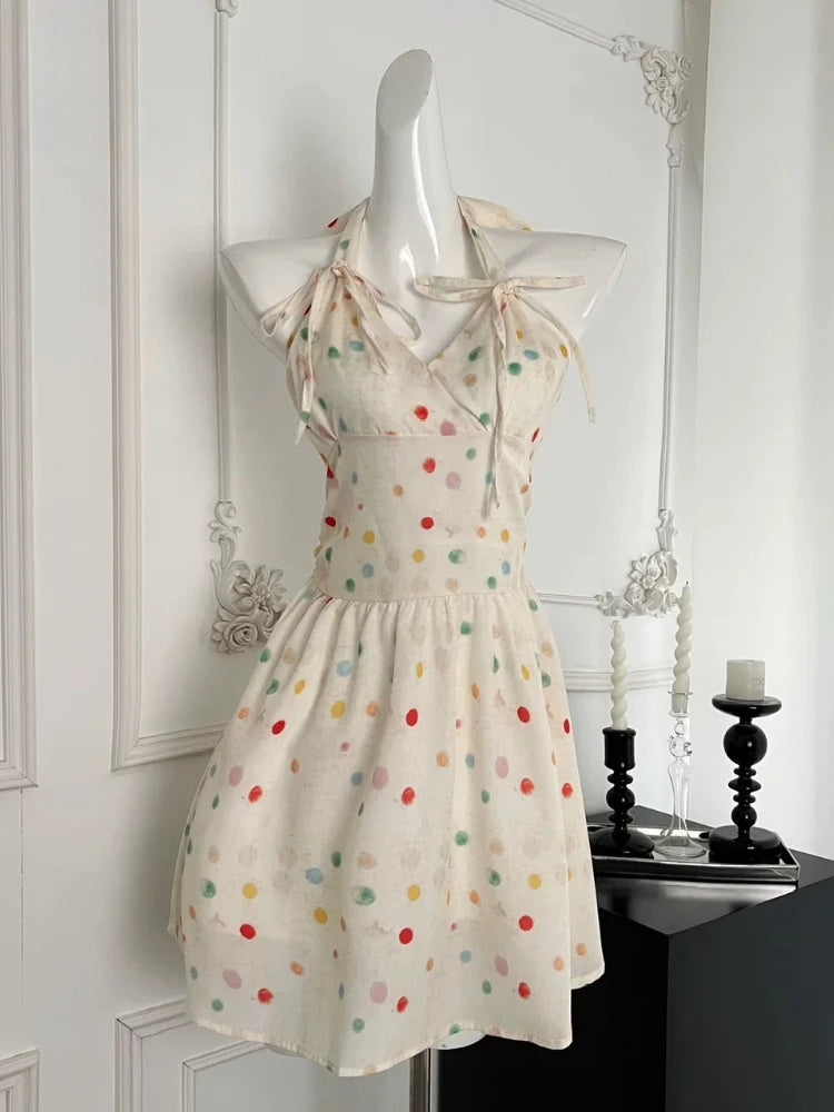 Summer New Sweet Kawaii Dots Mini Dress Retro Sleeveless One Piece Dress Japanese Style Even Party Dress
