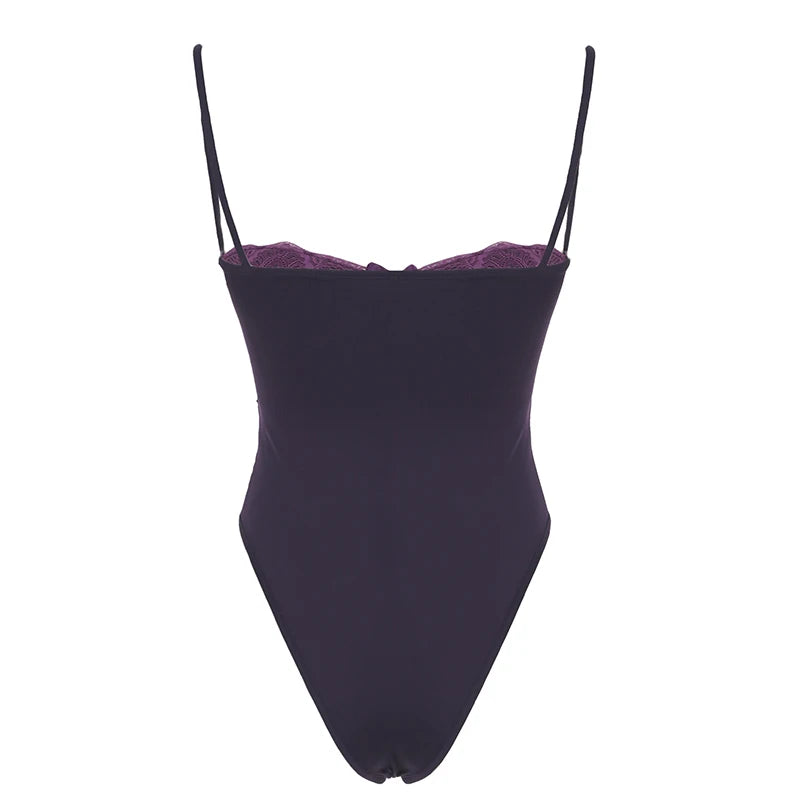 Lace Trim Bow Halter Rompers Hotsweet Patchwork Purple Bodysuit S New
