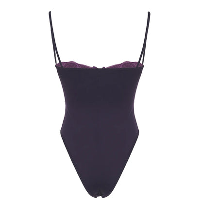 Lace Trim Bow Halter Rompers Hotsweet Patchwork Purple Bodysuit S New
