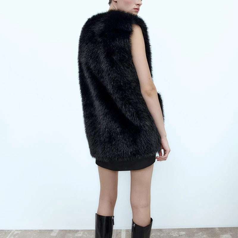 Brand Horn Buttons Long Faux Mink Fur Vest Tops Winter Sleeveless Overcoats Shaggy Waistcoat Gilets Casaco