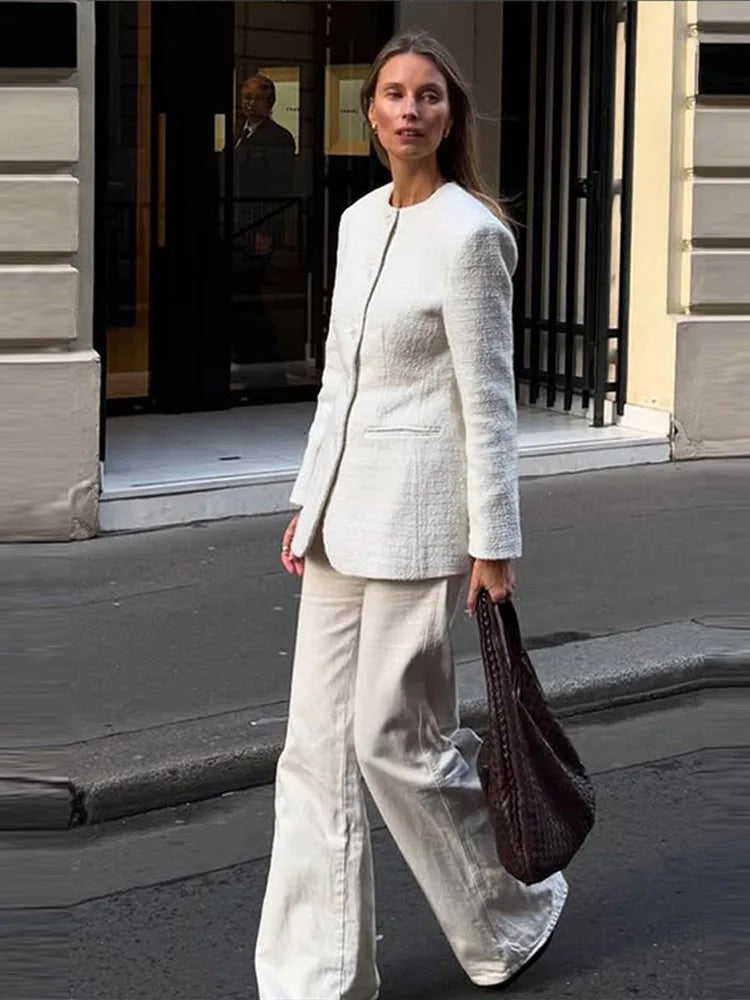 Tweed ’s Blazer Coat Slim O Neck Single Breasted Shoulder Pad Thick Jacket Female Spring Office Lady Outwear