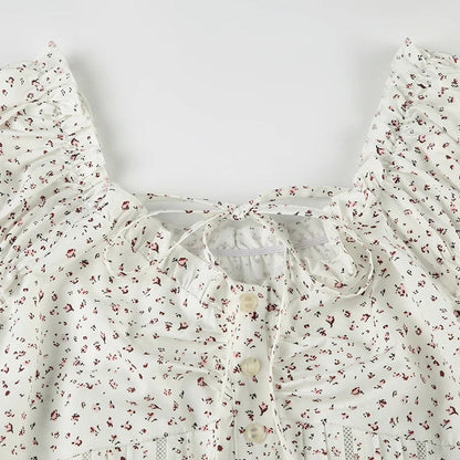 Print Ruched Aline Blouse French Style Singlebreasted Short Sleeve Top Slimming Tieup Collar Shirts