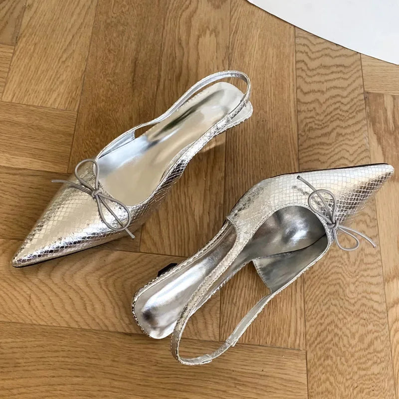 Spring Butterflyknot Thin Low Heels Pumps Sandals Pointed Toe Slipon Slingback Shoes